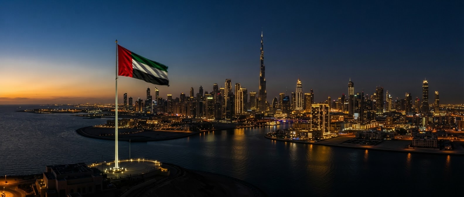 Dubai skyline at twilight with UAE flag